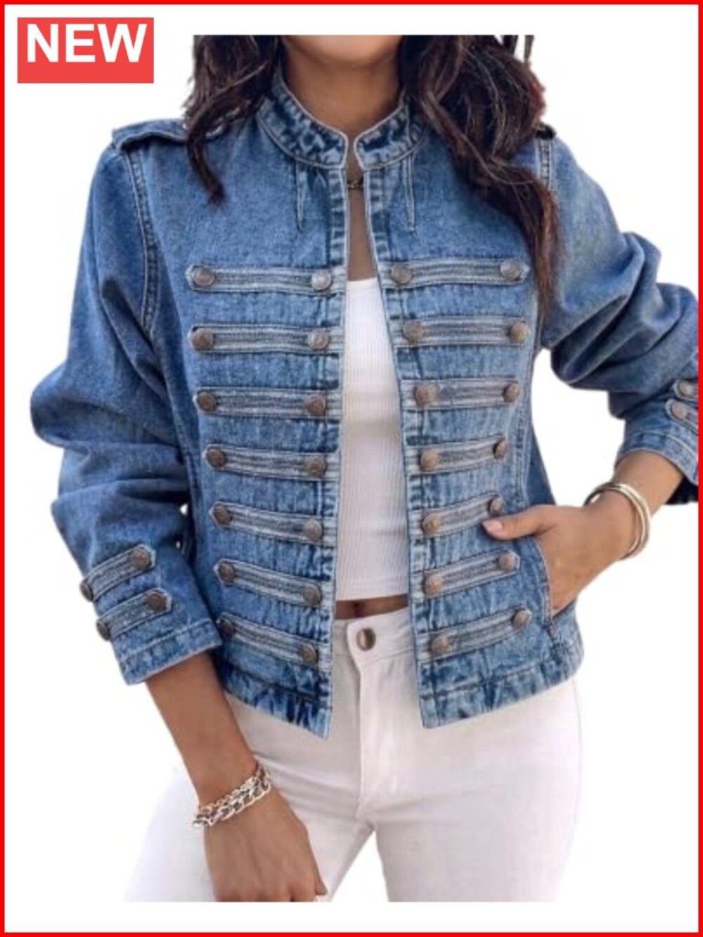 Women's Military Denim Jean Jacket Coat Stand Collar Button Cotton Blend